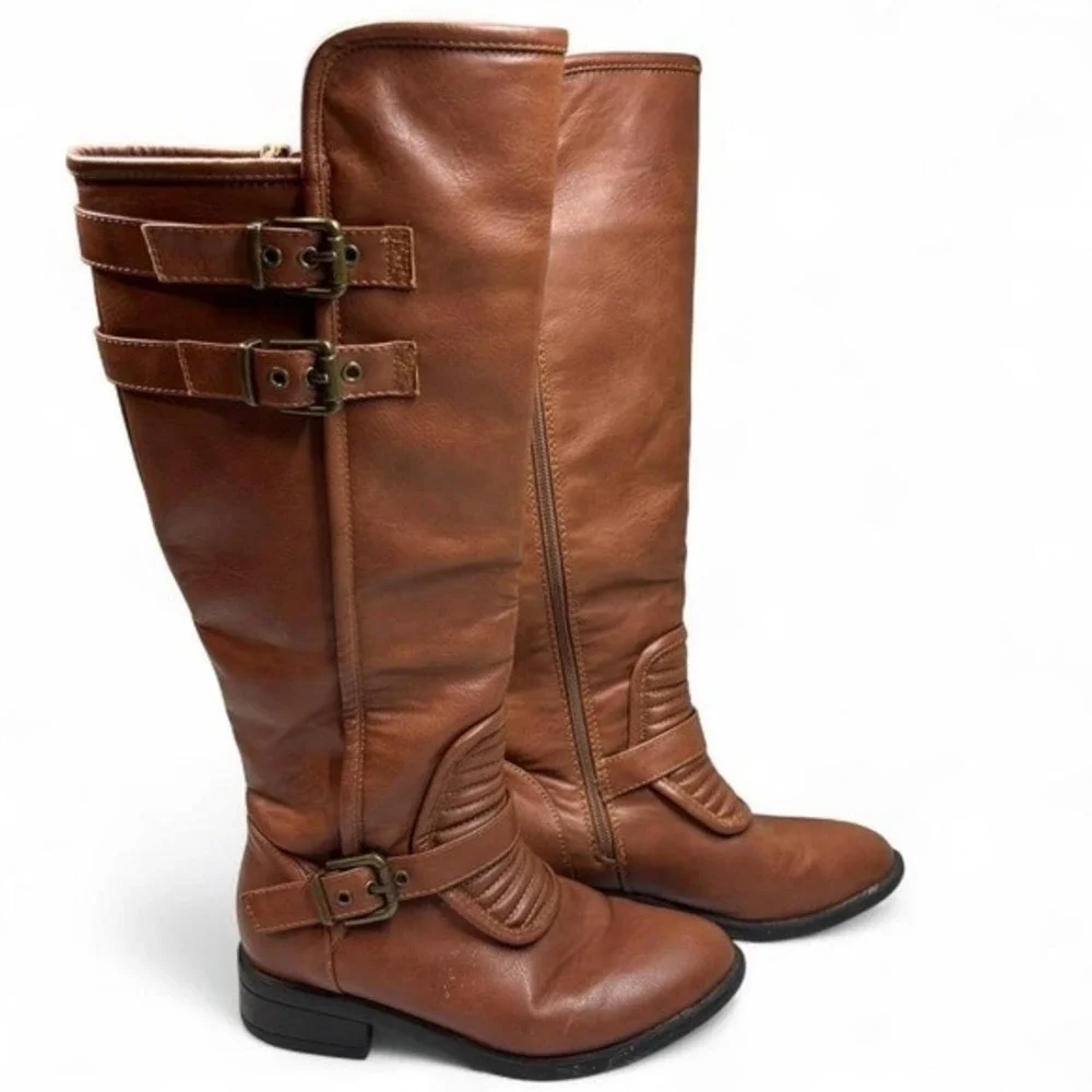 Jacobies Brown Faux Leather Knee High Boots Womens Sz 6.5 Buckle Side Zip Riding